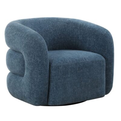 Close-up of cozy blue chenille chair with swivel base, perfect for any room.
