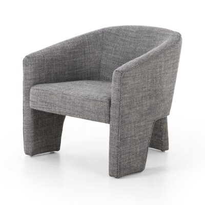 Stylish three-legged arm chair in smoke performance fabric, showcasing comfort and elegance.