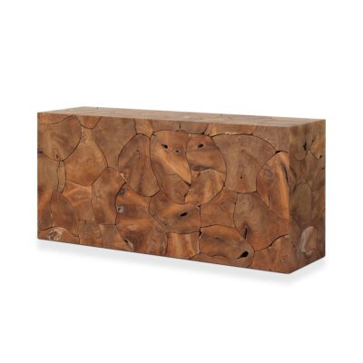 Close-up of Outdoor Teak Root Console Table showcasing miter joinery and unique teak root patterns.