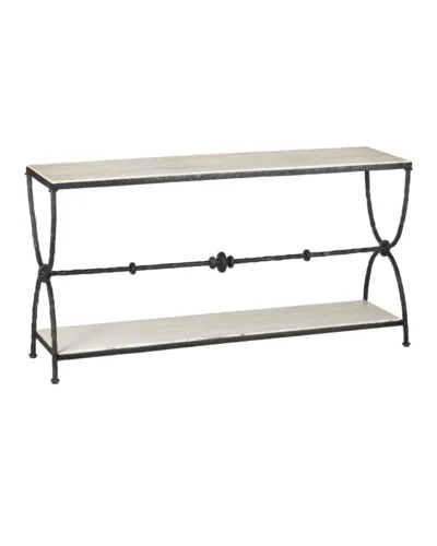 White Travertine Console Table with Bronze Hand Forged Frame and Hourglass Legs