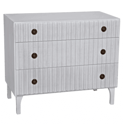 Close-up of Ribbed Front Carved Mahogany Dresser with Textural Ribbed Drawer Fronts and Metal Pulls in Whitewash Weathered Natural or Hand Rubbed