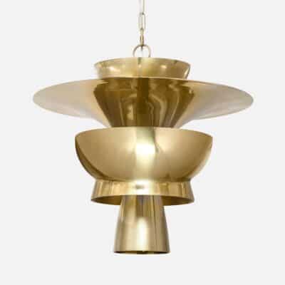Gold-plated Mid-Century Modern chandelier with polished finish, 7 lights, and E12 sockets.