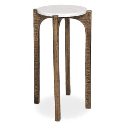 Close-up of Marble Top Drink Table with Antiqued Brass Base, showcasing elegant marble top and brass base.