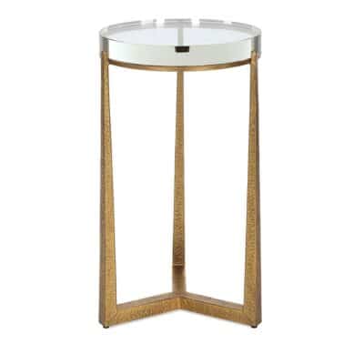 Close-up of Round Brendan Accent Side Table, featuring an antiqued gold base and crystal top.