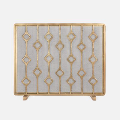 Antiqued brass fireplace screen with diamond pattern, available in black cast iron finish or late March arrival in Dallas.