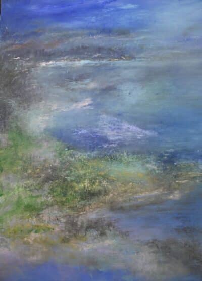 Misty blue lake scene in acrylic on canvas, showcasing captivating hues and brushwork.