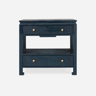 Close-up of Small Wylder Nightstand in dark navy, featuring high gloss finish and beveled top.