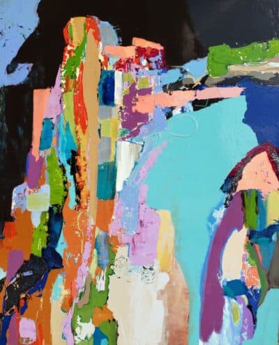 Colorful abstract painting by Orbedonna, showcasing vibrant hues on canvas.