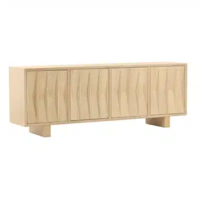 A long, sleek wooden buffet in light finish with four doors and two pairs of internal compartments.