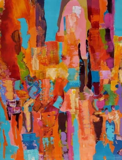 Vibrant acrylic on canvas art in bold colors, featuring abstract design elements.