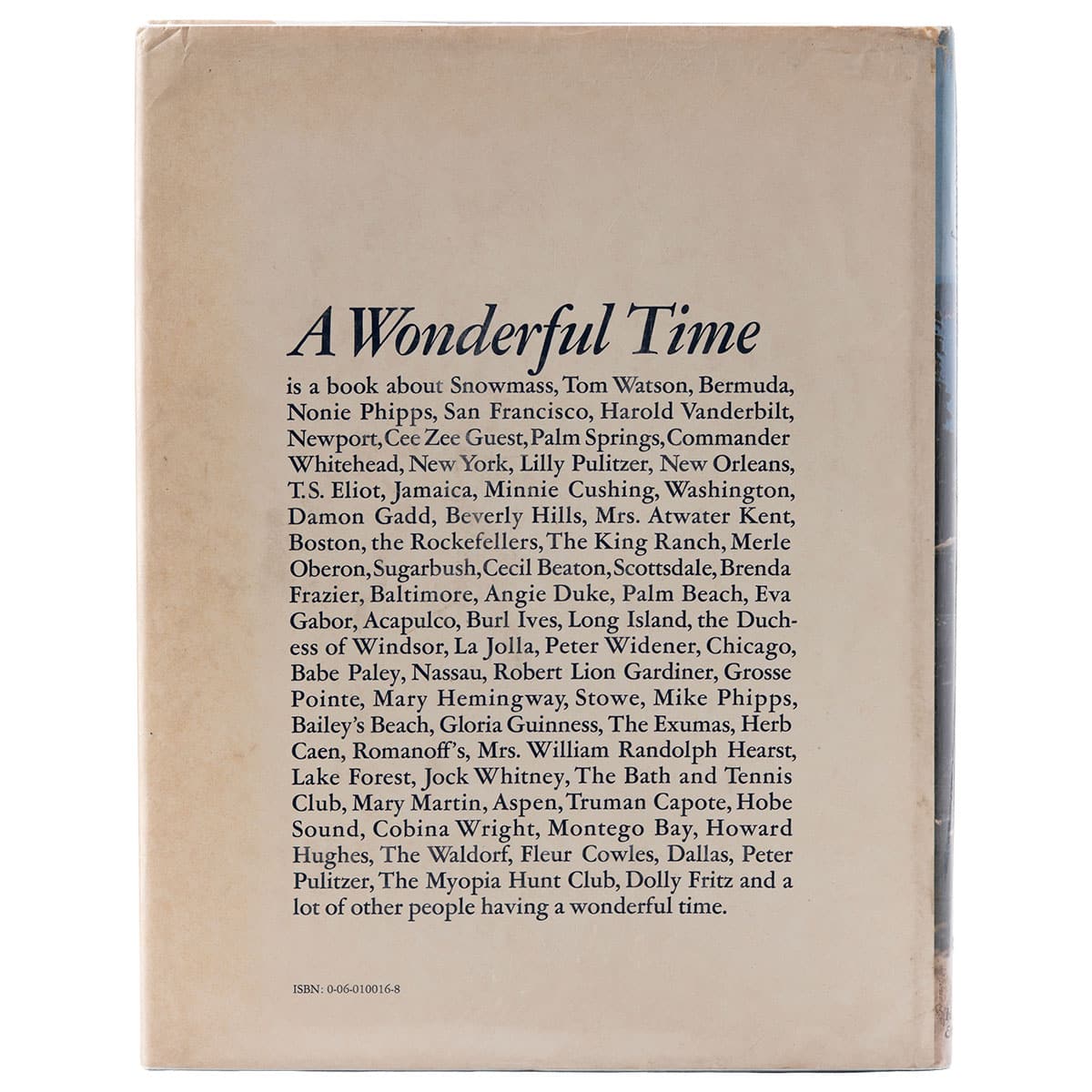 A Wonderful Time" book cover, 1st edition, signed by Slim Aarons, gilt-titled blue cloth binding.