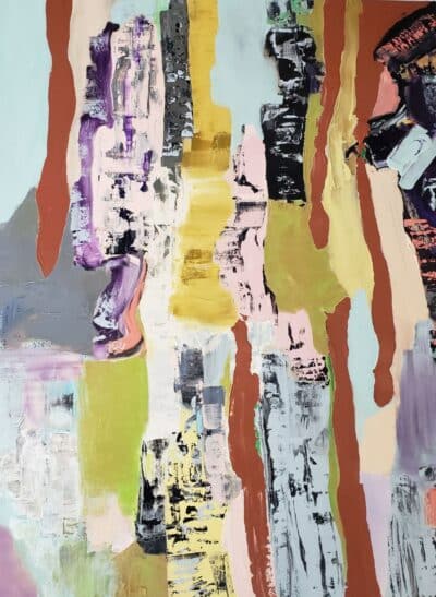 Close-up of Smooth Operator Original Art by Orbedonna, featuring vibrant colors and dynamic brush strokes on canvas.