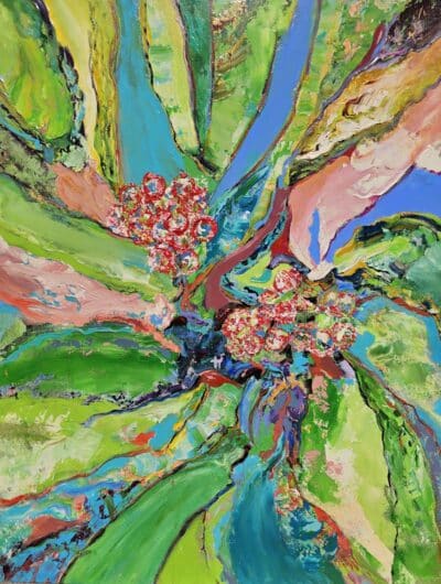 Close-up of spiraling floral acrylic painting on canvas by Orbedonna, showcasing vibrant colors and intricate details.