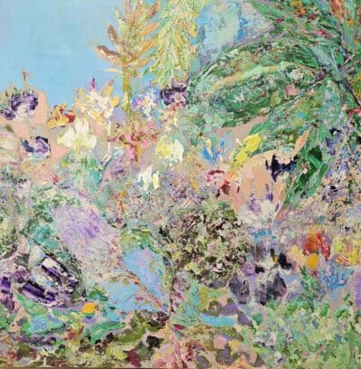 Close-up of vibrant Wild Garden Original Art painting on canvas, showcasing intricate details and vivid colors.
