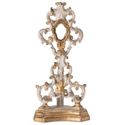 Close-up of Antique Italian Baroque Religious Relic featuring intricate silvered and gilded carvings in early to mid-19th century style.