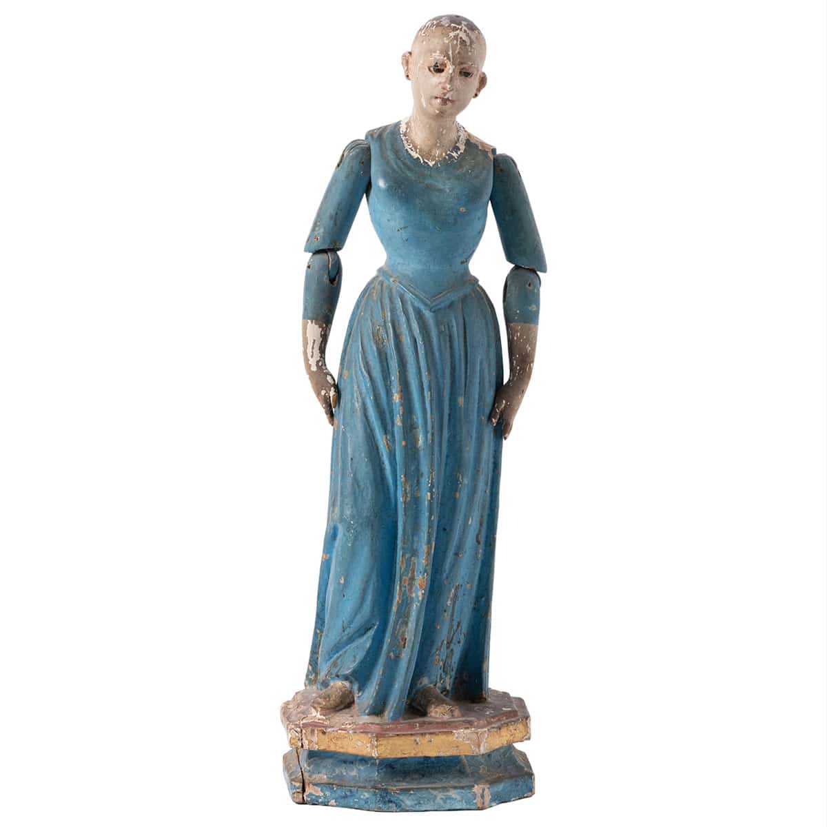 Antique painted wood doll in blue dress, Lisbon, Portugal, 18th century.