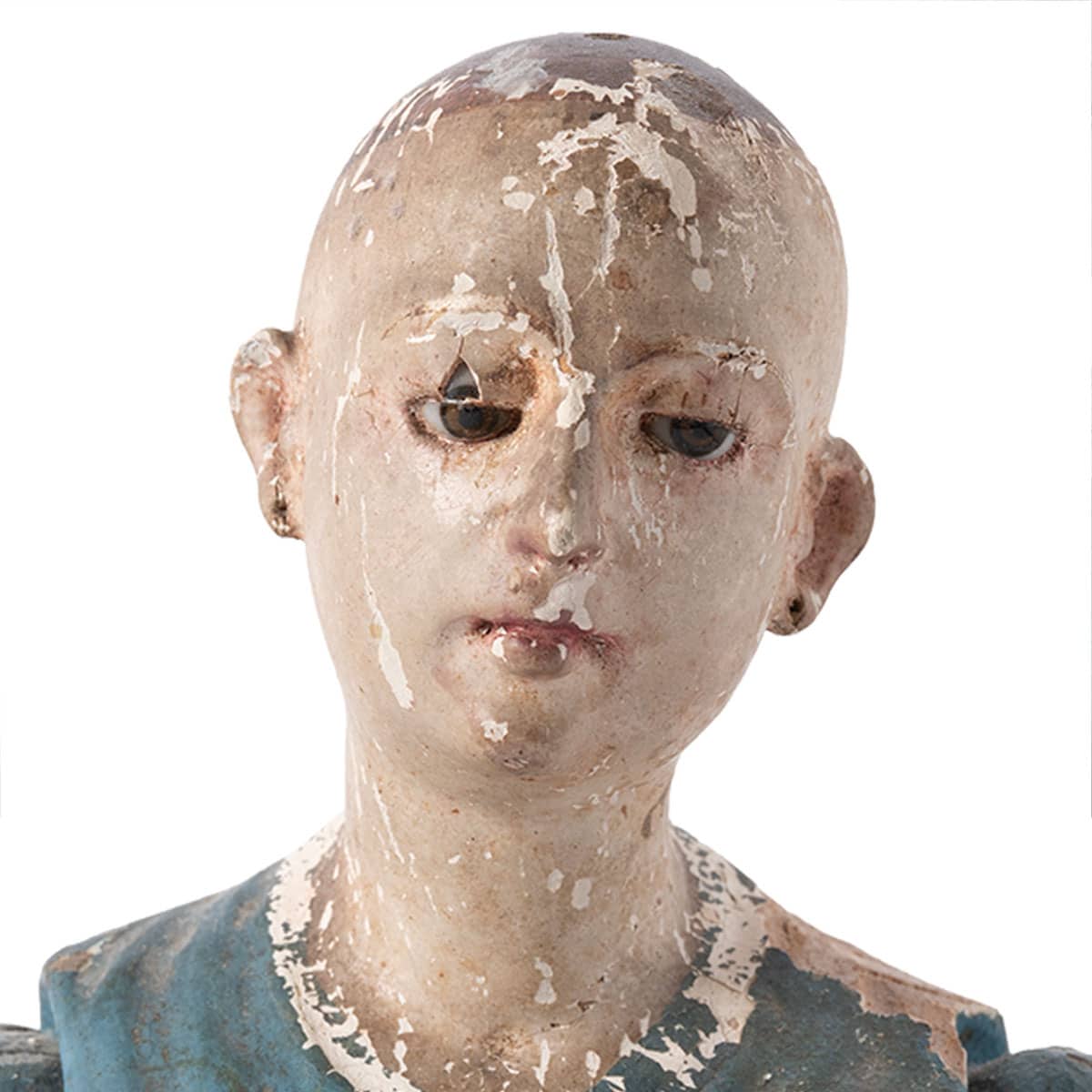 Antique painted wood cage doll, 18th-century Lisbon origin, exceptional condition, original paint, intricate details.