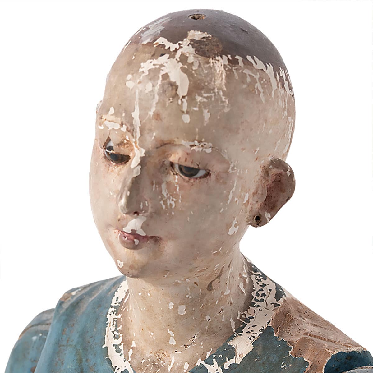 Antique Painted Cage Doll, Exceptional Blue Paint, 18th Century, Lisbon, Portugal, Original Santos Saint Doll.