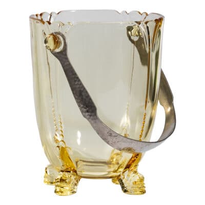 Close-up of Vintage Amber Glass Ice Bucket with Hammered Metal Handle.