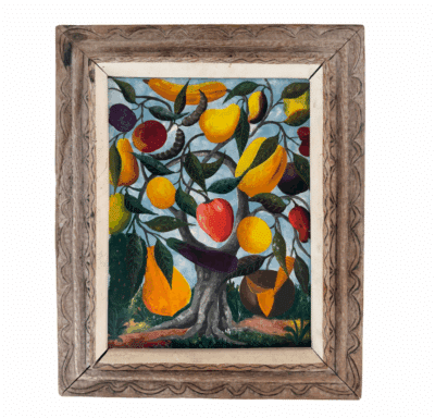 Vintage Magic Fruit Tree Original Art in Fernand Pierre's Vivid Naive Style, Priced with Antique Carved Frame
