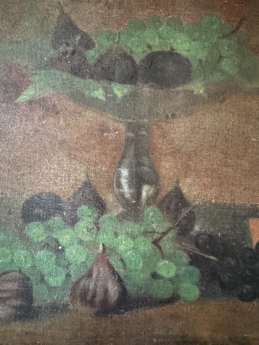 Freshly painted still life painting depicting vintage fruits in an antique style.