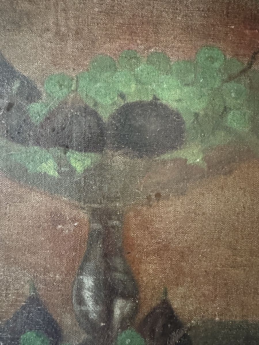 Brightly colored vintage fruit still life painting, evoking late 19th century charm.