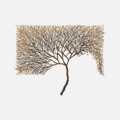 Side view of large Fadhi Iron Tree Like Wall Decor in distressed bronze iron and gold wire, showcasing intricate details.