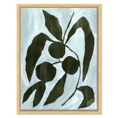 Vibrant botanical print in blue and green, framed on canvas for modern appeal.