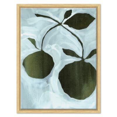 Modern abstract botanical print in blue and green on canvas, framed.