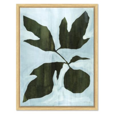 Blue and green botanical print on canvas, framed in walnut.