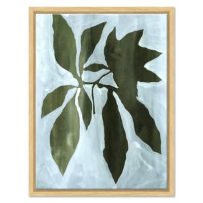 Modern abstract botanical reproduction print in blue and green on canvas with additional frames available, showcasing a Brunswick design.