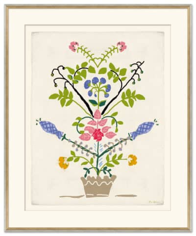Front view of botanical print with blue fish in rustic white tiered frame.