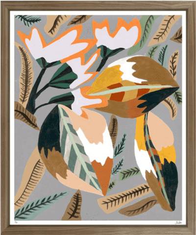 Palm Pink Giclee Print in Walnut Wedge Frame, showcasing vibrant colors and intricate details by British Artist Jan Erika.