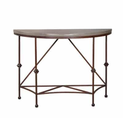 Santiago Concrete and Iron Demilune with stacked legs and ball feet, showcasing intricate ironwork and robust concrete top.