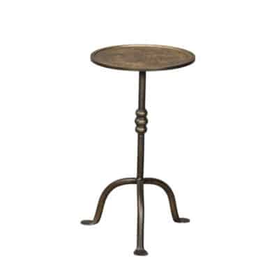 Close-up of Camila Three Leg Drinks Table in dark metal, highlighting its elegant design and sturdy construction.