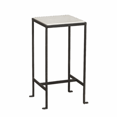 Close-up of modern black drinks table with outward footed detail on metal frame.