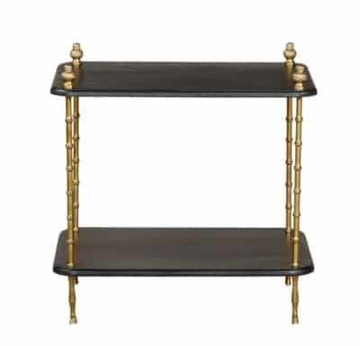 Side view of Faux Bamboo Brass and Wood Two Tier Side Table with black finish.