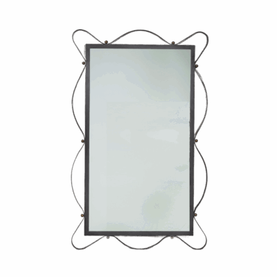 Close-up of Undulating Iron Paloma Mirror with brass ball detail, showcasing its elegant design.