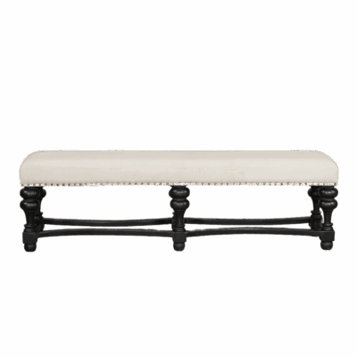 Large Miguel Ebonized Wood Bench, ivory upholstered top with brass nail head trim, showcasing elegant craftsmanship.