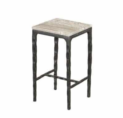 Stone top drinks table with hand-hammered iron base, featuring natural stone variations.