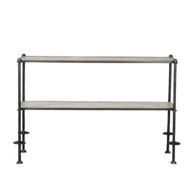 Ponti Concrete and Iron Console in metallic sheen with flared feet and ball finial corners, standing on white surface.