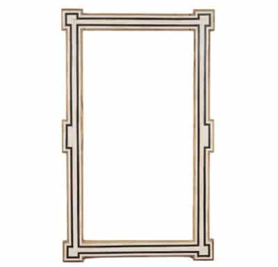 Close-up of Jod Mirror, showcasing intricate brown and ivory inlay detailing.