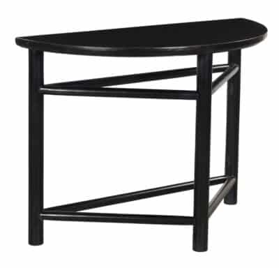 Front view of black lacquered demi lune console with base stretchers.
