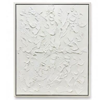 Abstract art piece in white, featuring intricate mixed media textures on canvas.