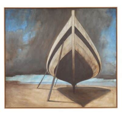 Close-up of wooden boat on beach under dramatic sky, painted in oil on canvas by Terry Elkins.