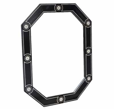 Close-up of Diego Black Mirror showcasing circular inset inlay detail.