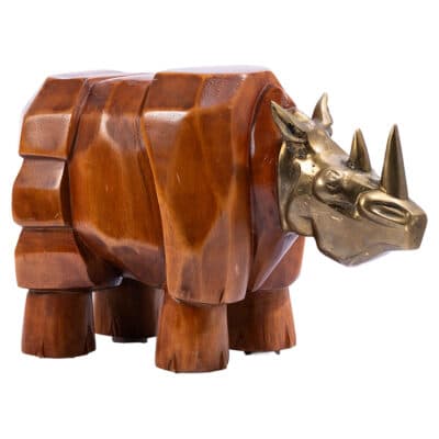 Front view of vintage Spanish wooden rhino figurine with brass accents.