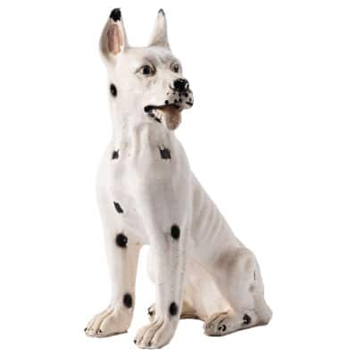 Close-up of charming vintage painted chalk Dalmatian statue, showcasing realistic details and vibrant colors.