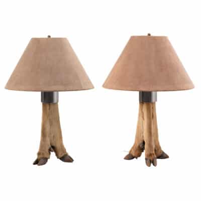 Pair of Deer Hoof Lamps, Vintage Velvet Shades, Newly Rewired.
