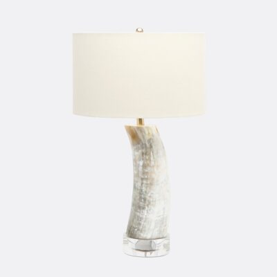 Close-up of Water Buffalo Horn Lamps on crystal bases, showcasing unique lamp shades in varying sizes.